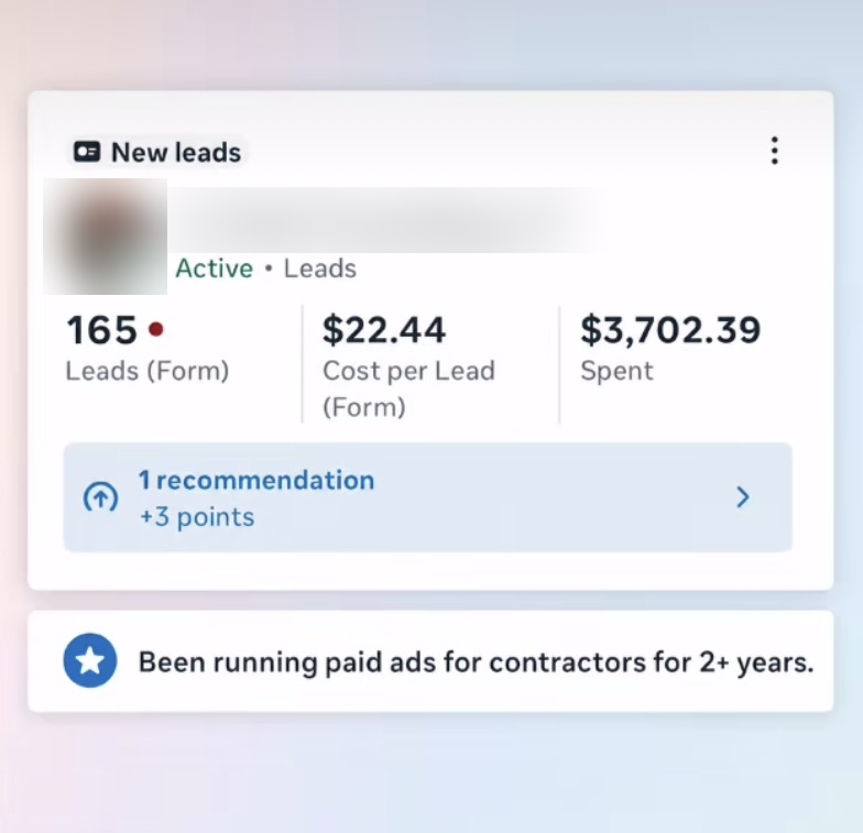 Meta ads account: 165 form leads at 22 dollars per lead, 3702 spent, client name hidden